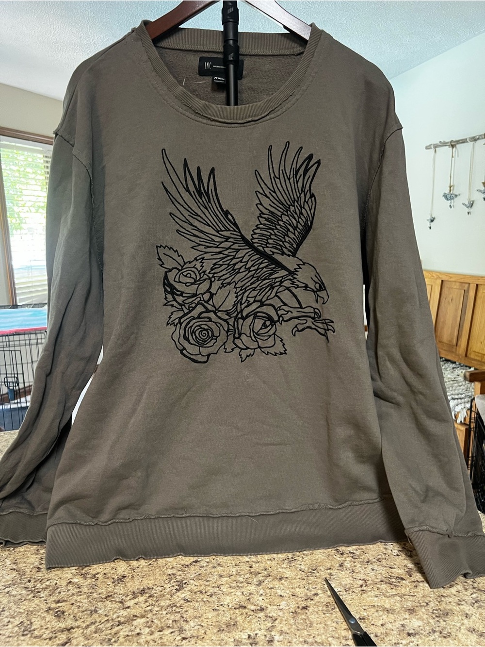 NWOT unisex INC Olive Green Eagle & Rose Graphic embroidered Terry Sweatshirt
